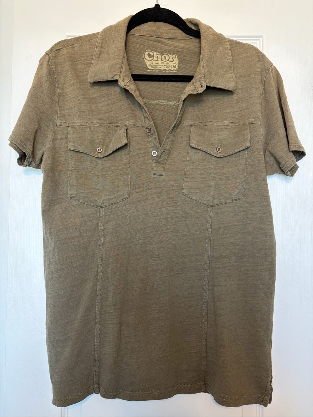 Chor Men's Short Sleeve Polo Olive Khaki Two Pocket Cotton Sz M